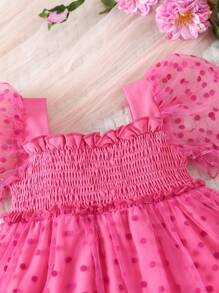 SHEIN Glamorique Kids 嬰兒女孩圓點印花泡泡袖襬邊網狀覆蓋裙 - 玫紅色 - 查看 5
