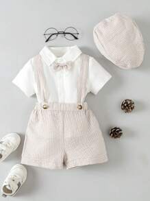 SHEIN 男嬰前蝴蝶結襯衫和條紋印花背帶短褲和配件帽 - 彩色 - 查看 1