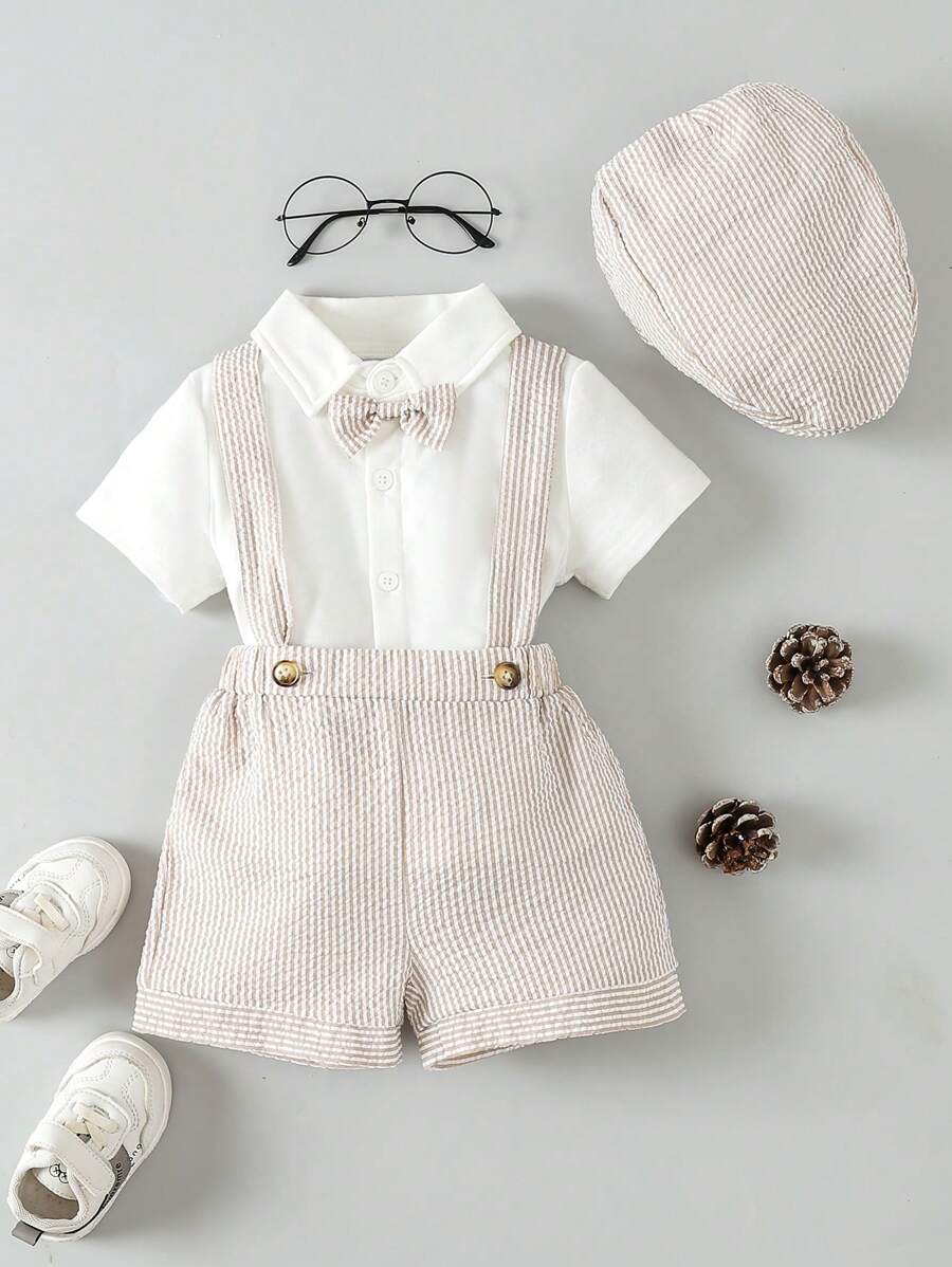 SHEIN 男嬰前蝴蝶結襯衫和條紋印花背帶短褲和配件帽 - 彩色 - 查看 1
