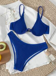 SHEIN Swim 素色帶鋼圈比基尼泳裝 - 寶藍色 - 查看 3