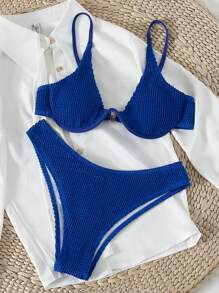 SHEIN Swim 素色帶鋼圈比基尼泳裝 - 寶藍色 - 查看 4