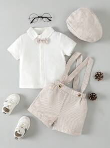 SHEIN 男嬰前蝴蝶結襯衫和條紋印花背帶短褲和配件帽 - 彩色 - 查看 4