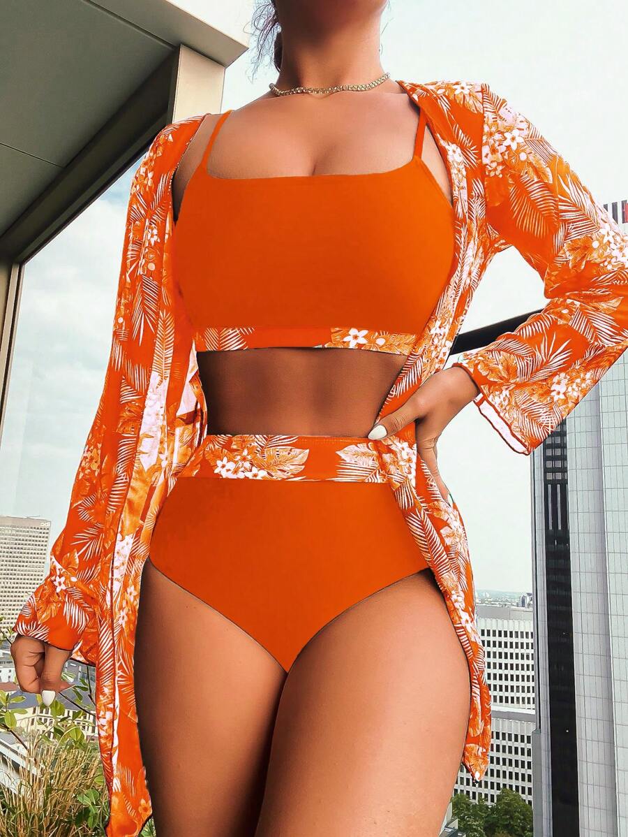 Tropical Print High Waisted Bikini Set With Kimono - Burnt Orange - View 1