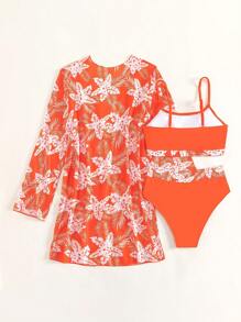 Tropical Print High Waisted Bikini Set With Kimono - Burnt Orange - View 2