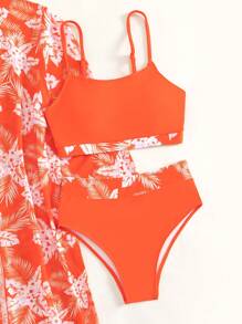 Tropical Print High Waisted Bikini Set With Kimono - Burnt Orange - View 3