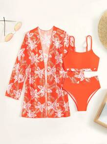 Tropical Print High Waisted Bikini Set With Kimono - Burnt Orange - View 5