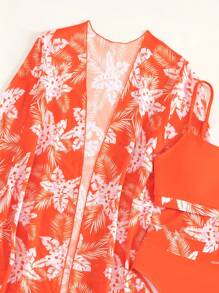 Tropical Print High Waisted Bikini Set With Kimono - Burnt Orange - View 6
