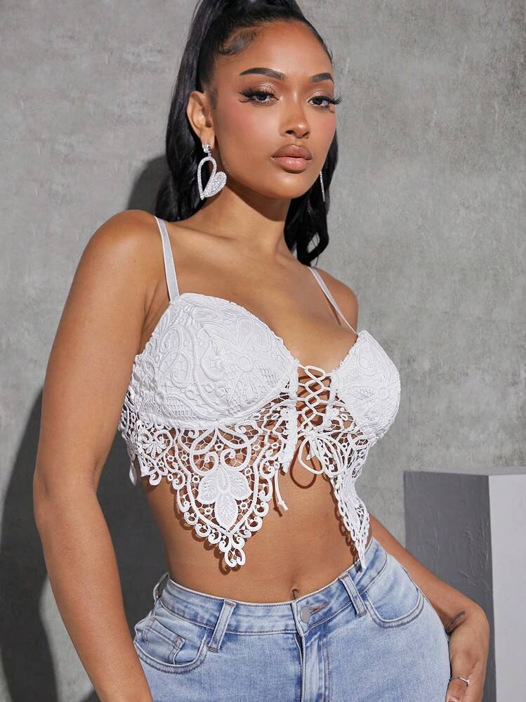 Hauture Lace Overlay Lace Up Cami Top | SHEIN Singapore