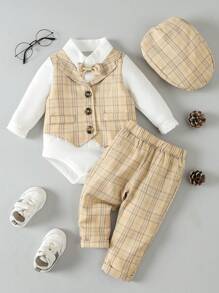 Baby Boy Plaid Print Bow Front 2 In 1 Bodysuit & Trousers & Hat - Multicolor - View 1