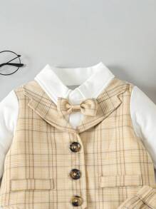 Baby Boy Plaid Print Bow Front 2 In 1 Bodysuit & Trousers & Hat - Multicolor - View 3