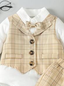 Baby Boy Plaid Print Bow Front 2 In 1 Bodysuit & Trousers & Hat - Multicolor - View 5