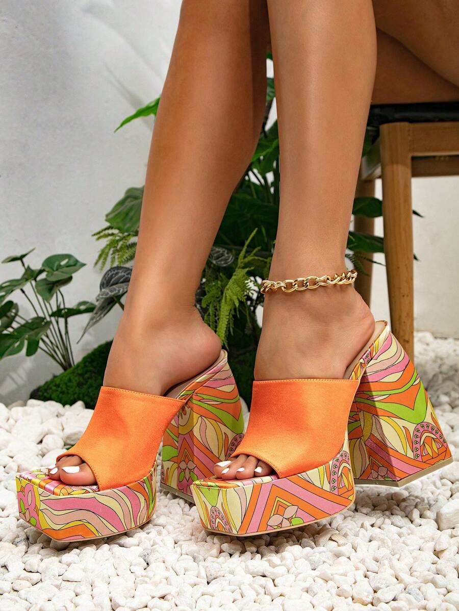Glamorous Orange Sandals For Women, Satin Chevron Pattern Platform Chunky Heeled Mule Sandals - Orange - View 1