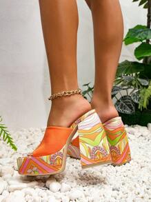 Glamorous Orange Sandals For Women, Satin Chevron Pattern Platform Chunky Heeled Mule Sandals - Orange - View 2
