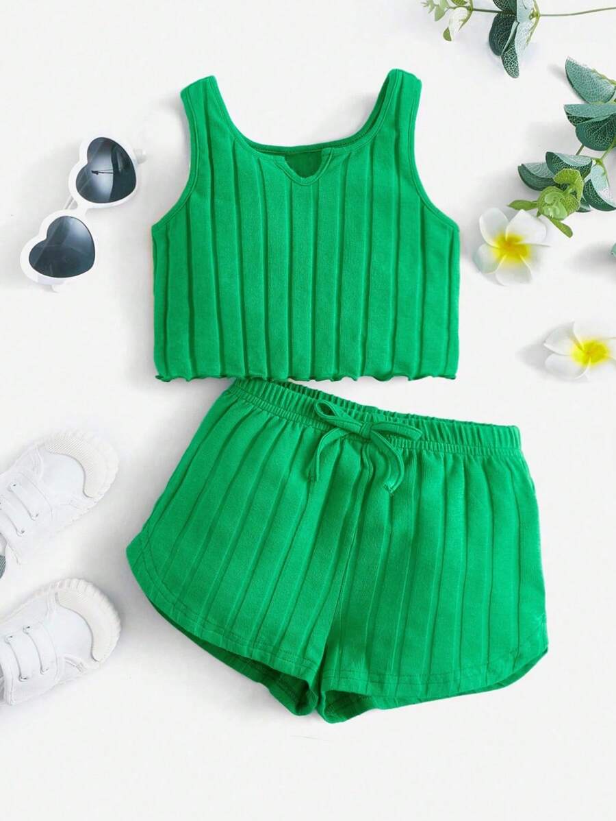 SHEIN 嬰兒女孩萵苣邊框背心和扎帶前短褲 - 綠色 - 查看 1