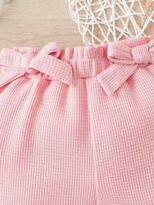 SHEIN Baby Waffle Knit Bow Front Shorts - Baby Pink - View 3