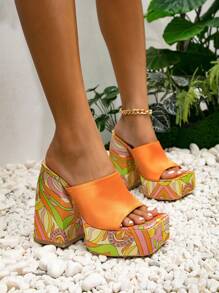 Glamorous Orange Sandals For Women, Satin Chevron Pattern Platform Chunky Heeled Mule Sandals - Orange - View 4