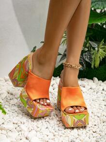 Glamorous Orange Sandals For Women, Satin Chevron Pattern Platform Chunky Heeled Mule Sandals - Orange - View 5