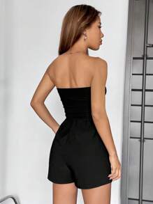 SHEIN EZwear 素色斜口袋抹胸連體短褲 - 黑色 - 查看 2