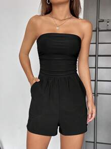 SHEIN EZwear 素色斜口袋抹胸連體短褲 - 黑色 - 查看 5