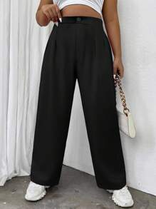 Flirla Plus Plicated Detail Straight Leg Trousers - Black - View 1