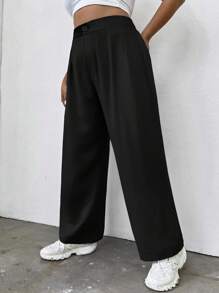 Flirla Plus Plicated Detail Straight Leg Trousers - Black - View 3