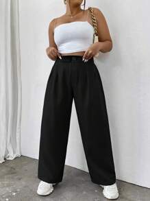 Flirla Plus Plicated Detail Straight Leg Trousers - Black - View 5