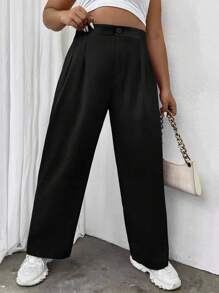 Flirla Plus Plicated Detail Straight Leg Trousers - Black - View 6