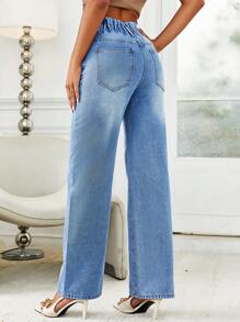 SHEIN Essnce Quần jean nữ Nút Túi Quần paper-bag màu trơn - Rửa nhẹ - Xem 2