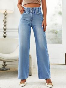 SHEIN Essnce Quần jean nữ Nút Túi Quần paper-bag màu trơn - Rửa nhẹ - Xem 4