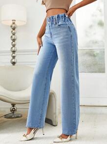 SHEIN Essnce Quần jean nữ Nút Túi Quần paper-bag màu trơn - Rửa nhẹ - Xem 5