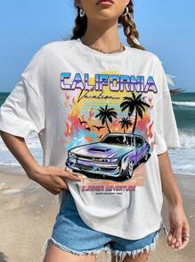 SHEIN Coolane Car And Letter Graphic Drop Shoulder Oversized Tee - White - View 2