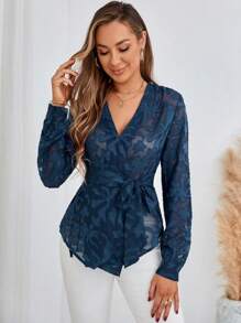 GENKIRA 提花腰帶薄透襯衫 - 藏蓝色 - 查看 4