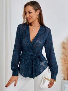 GENKIRA 提花腰帶薄透襯衫 - 藏蓝色 - 查看 5