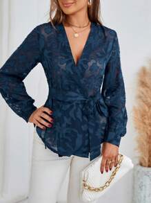 GENKIRA 提花腰帶薄透襯衫 - 藏蓝色 - 查看 6