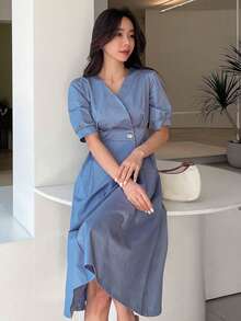 DAZY 素色泡泡袖褶皺細節洋裝 - 藍色 - 查看 3