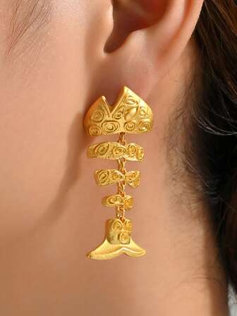 1 对酷炫朋克耳环金色鱼骨创意复古吊坠耳环适合度假旅行夜店珠宝