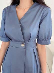 DAZY 素色泡泡袖褶皺細節洋裝 - 藍色 - 查看 6