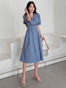 DAZY 素色泡泡袖褶皺細節洋裝 - 藍色 - 查看 7