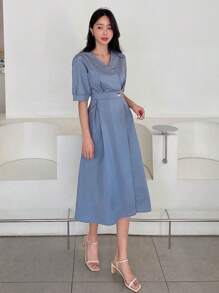 DAZY 素色泡泡袖褶皺細節洋裝 - 藍色 - 查看 8