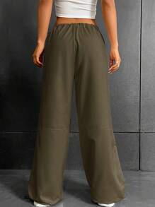 SHEIN Coolane Drawstring Waist Parachute Trousers - Army Green - View 2