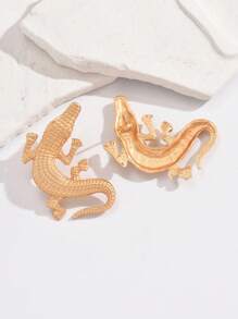 1对鳄鱼造型复古风个性化耳钉 - 金黃色 - 查看 2