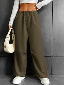 SHEIN Coolane Drawstring Waist Parachute Trousers - Army Green - View 3