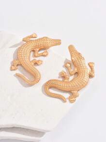 1对鳄鱼造型复古风个性化耳钉 - 金黃色 - 查看 3