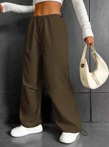 SHEIN Coolane Drawstring Waist Parachute Trousers - Army Green - View 4