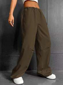 SHEIN Coolane Drawstring Waist Parachute Trousers - Army Green - View 5