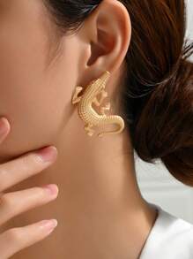 1对鳄鱼造型复古风个性化耳钉 - 金黃色 - 查看 4