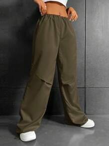 SHEIN Coolane Drawstring Waist Parachute Trousers - Army Green - View 6