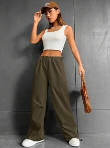 SHEIN Coolane Drawstring Waist Parachute Trousers - Army Green - View 7