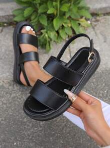 Women Double Strap Flat Sandals, Fashion Black Slingback Sandals - Black - View 1