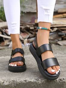 Women Double Strap Flat Sandals, Fashion Black Slingback Sandals - Black - View 3